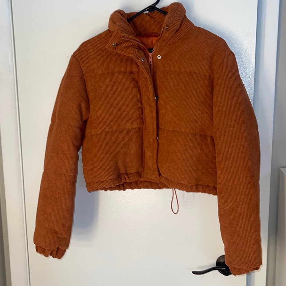 Maroon orange puffer crop jacket
